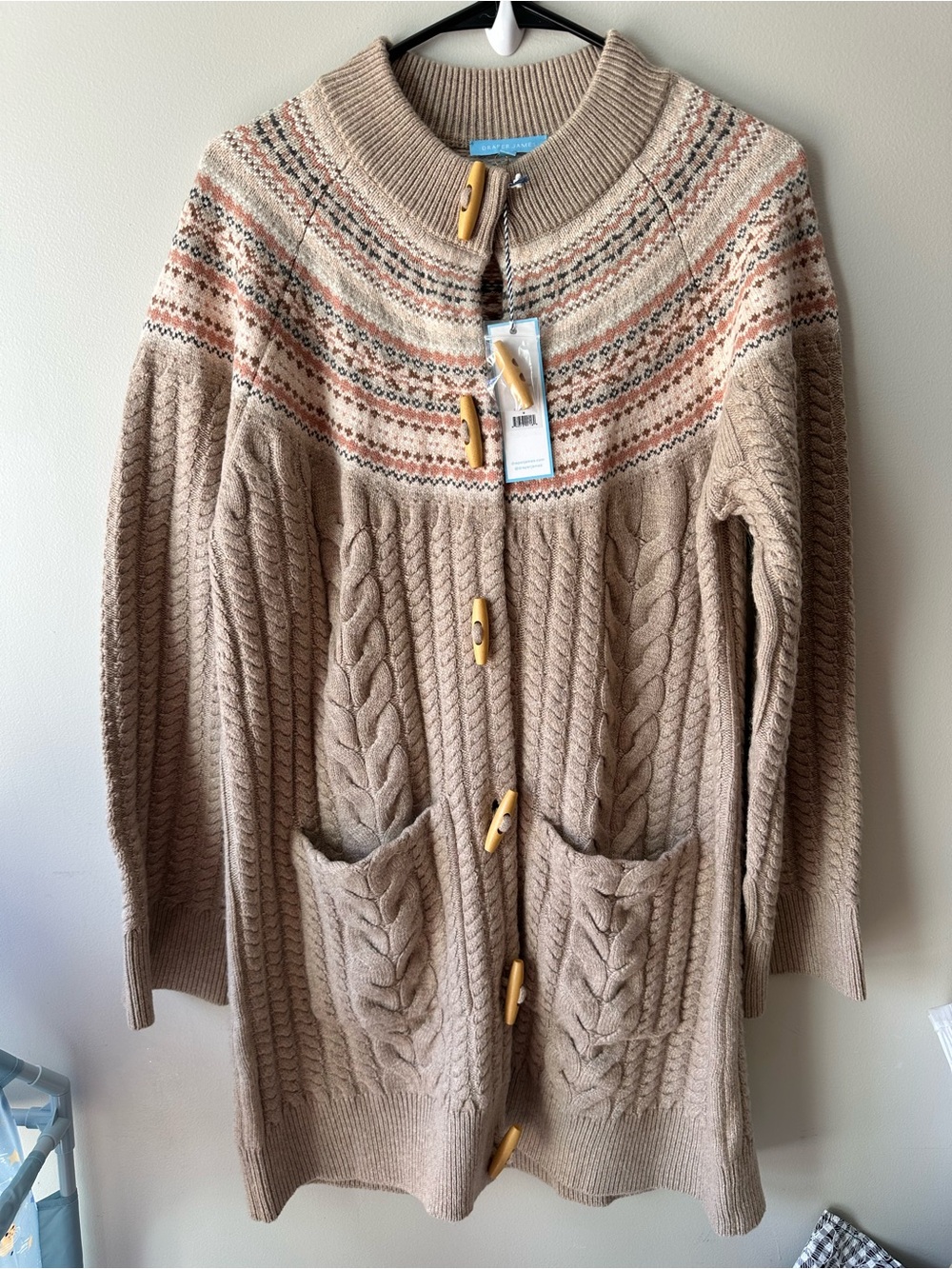 NWT Draper James Fair Isle Toggle Sweater Coat Wool Cashmere Cable Knit M $288